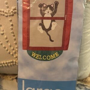 NWOT Playful Black and White cat hanging on a screen door FLAG!!